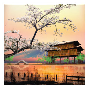 Impression Photo Fleur Tranquille : Coucher de soleil sur une maiso