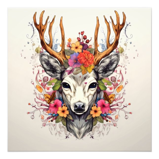 Impression Photo Fleurs colorées Boho Deer (Devant)