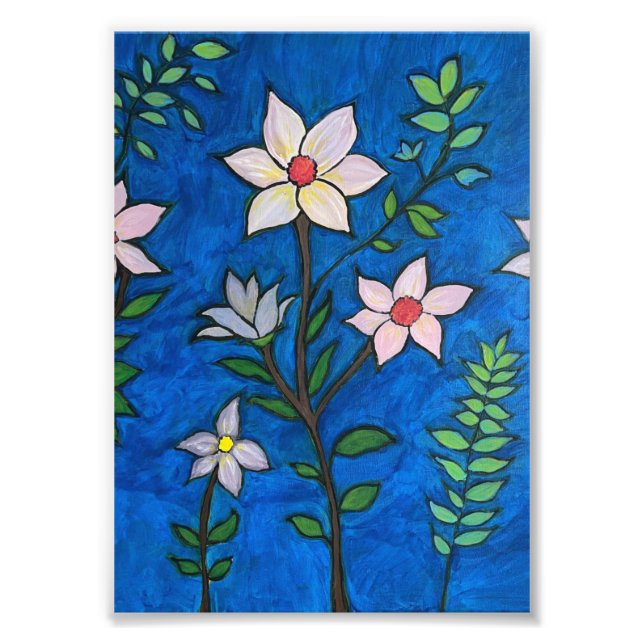 Impression Photo Fleurs Fantaisistes sur Fond Bleu  (Devant)