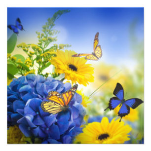 Impression Photo Fleurs Jaunes Bleues Avec Papillons