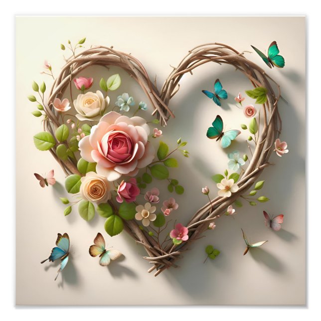 Impression Photo Floral Heart Wreath with Butterflies Romantic  (Devant)