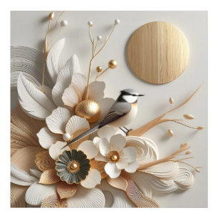Impression Photo Florales Abstraites et oiseaux avec soleil : Or, B