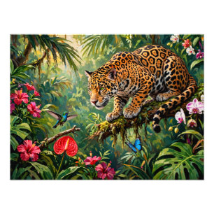 Impression Photo Forêt tropicale Jaguar Colibris Papillons Fleurs