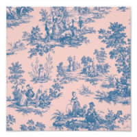 French toile de jouy bleu et rose élégant