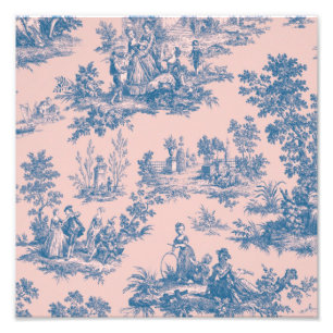 Impression Photo French toile de jouy bleu et rose élégant