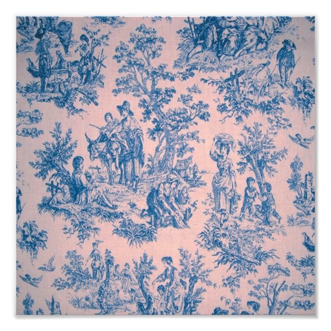 Impression Photo French toile de jouy bleu et rose élégant (Devant)