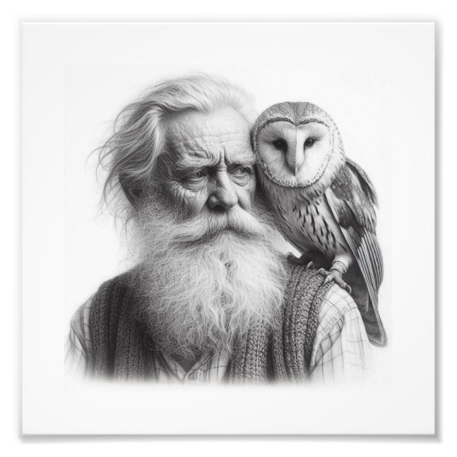 Impression Photo Gardien des secrets : Vieux homme avec Barn Owl Wa (Devant)