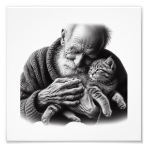 Impression Photo Gentle Bond : Homme âgé Embracant Kitten Wall Art