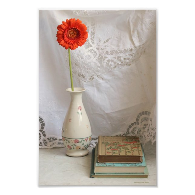 Impression Photo Gerbera orange et livres (Devant)