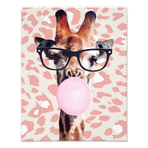 Impression Photo Girafe soufflant du chewing-gum avec fond imprimé 
