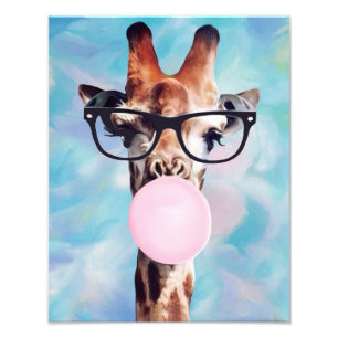 Impression Photo Girafe soufflant du chewing-gum Fond bleu moucheté
