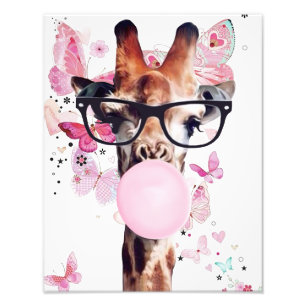 Impression Photo Girafe soufflant du chewing-gum sur fond de papill