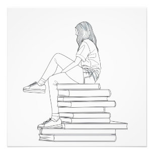 Impression Photo Girl on Books Line Art