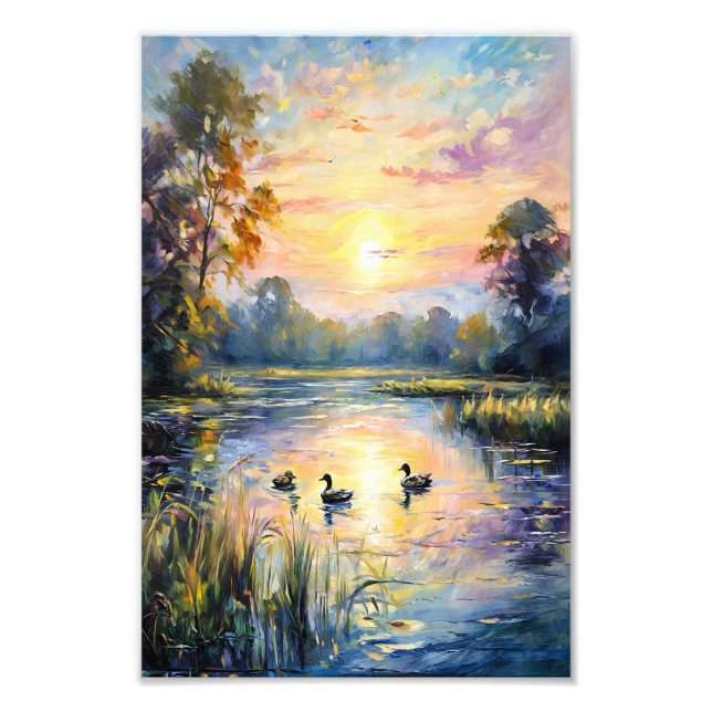 Impression Photo Golden Tranquillité Sunset Pond Paysage avec canar (Devant)
