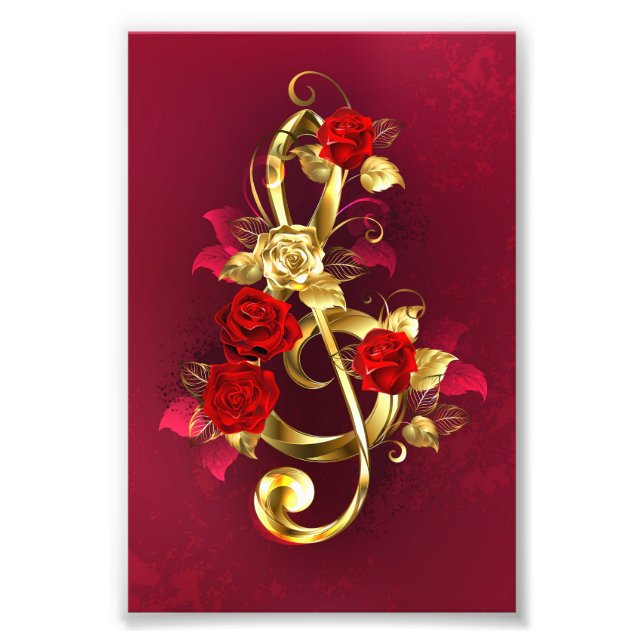 Impression Photo Golden Treble Clef avec fleurs Roses (Devant)