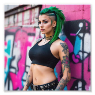 Impression Photo Graffiti asiatique de belle poils verts tatoués pu