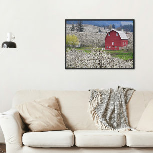 Impression Photo Grange Rouge Pittoresque et Fleurs de Poirier
