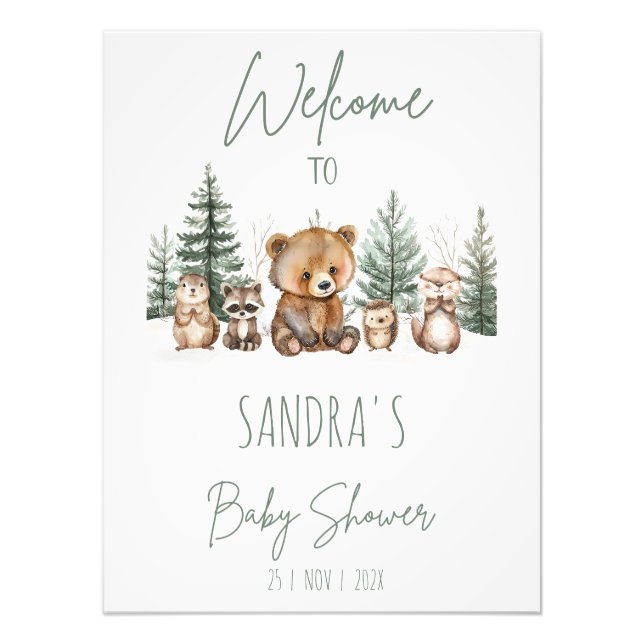 Impression Photo Green Woodland Adventure Baby Shower Welcome Sign (Devant)