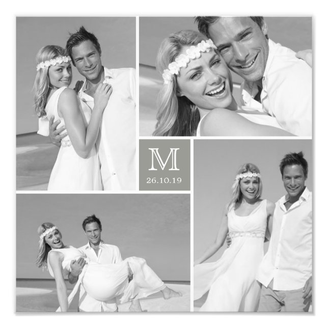 Impression Photo Grille élégante Gris Carré Monogramme 4 Mariage ph (Devant)
