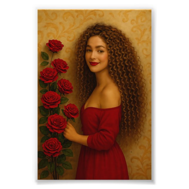 Impression Photo "Grua elegante me fustan të kuq me trëndafila - Po (Devant)