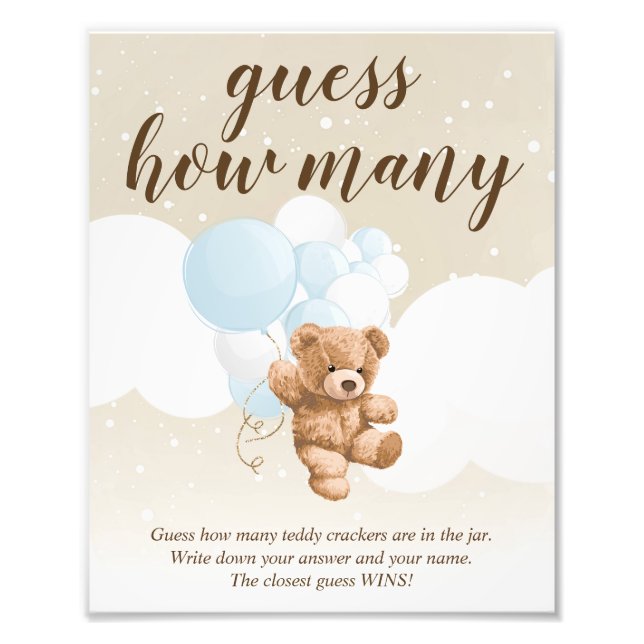 Impression Photo Guess How Many Dusty Blue Teddy Bear Shower Sign (Devant)