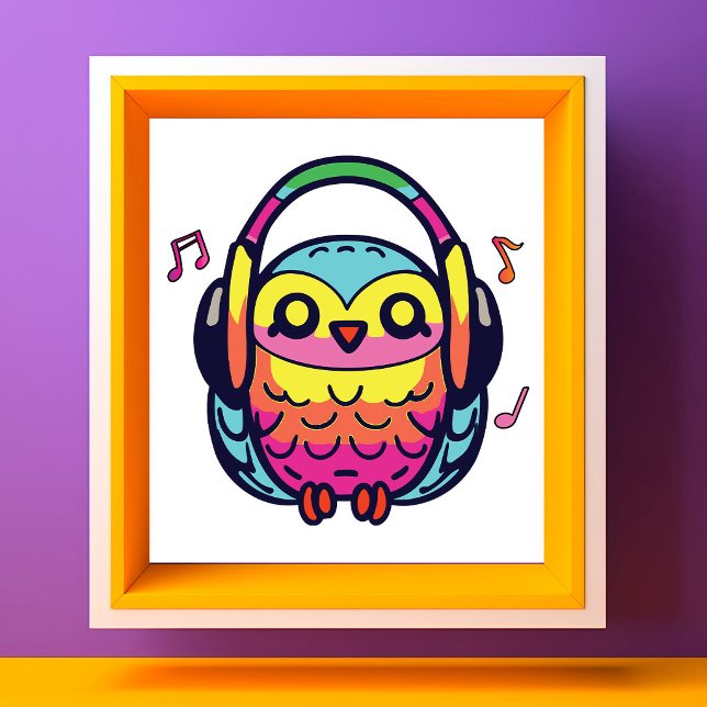 Impression Photo Happy Owl avec écouteurs écoutant de la musique. (Happy Owl with headphones listening to music. Photo Print)