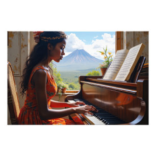 Impression Photo Harmonie florale - Femme à Piano avec vue sur la n