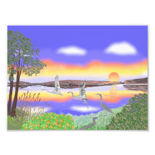 Impression Photo Hérons au coucher du soleil, scène contemporaine m