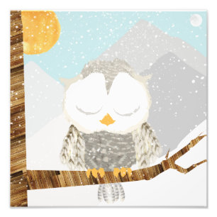 Impression Photo Hibou des neiges dormant dans un arbre