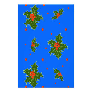 Impression Photo Holly (Ilex) Motif de Noël sur Arrière - plan bleu