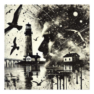 Impression Photo Homme à double exposition avec phare et mouette