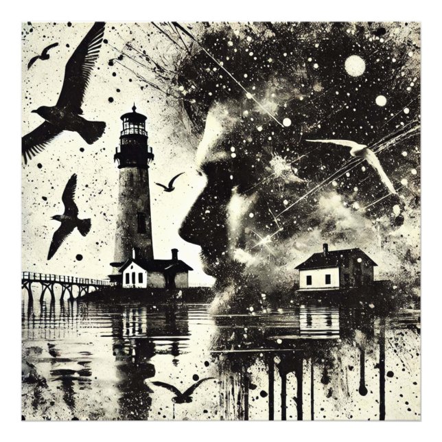 Impression Photo Homme à double exposition avec phare et mouette (Devant)