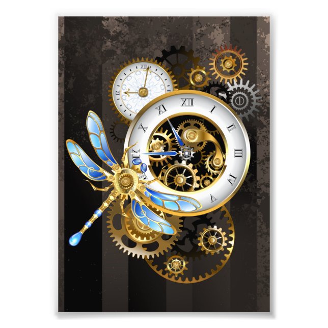 Impression Photo Horloge à vapeur avec libellule mécanique (Devant)