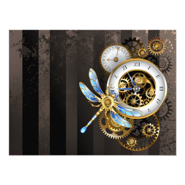 Impression Photo Horloge à vapeur avec libellule mécanique (Devant)