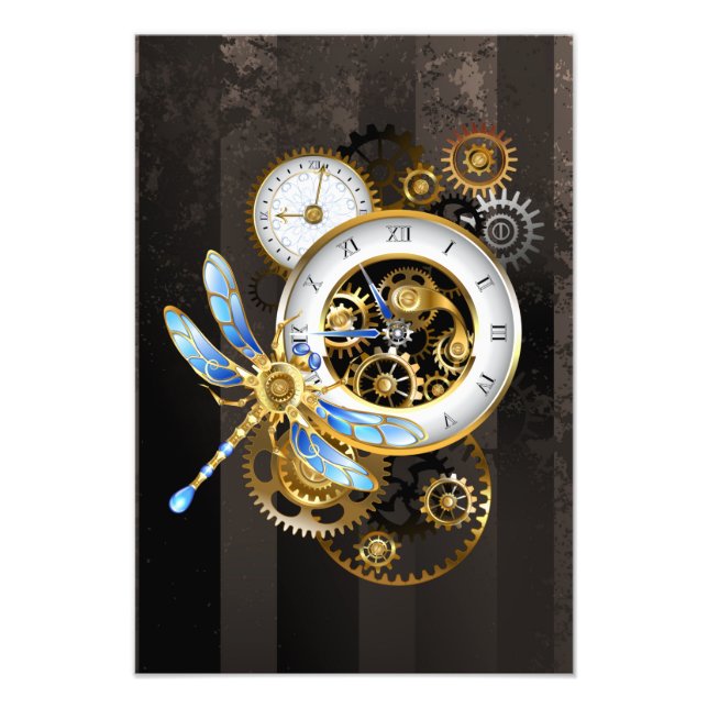 Impression Photo Horloge à vapeur avec libellule mécanique (Devant)