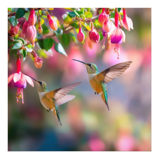 Impression Photo Hummingbirds Fuchsia Flowers Iridescent Dance (Devant)