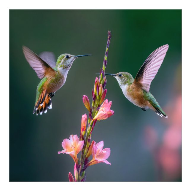 Impression Photo Hummingbirds Gladiolus Flowers Iridescent Pair (Devant)