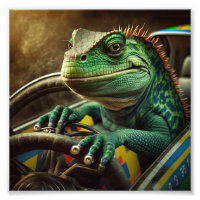 Iguane conduisant une voiture de course