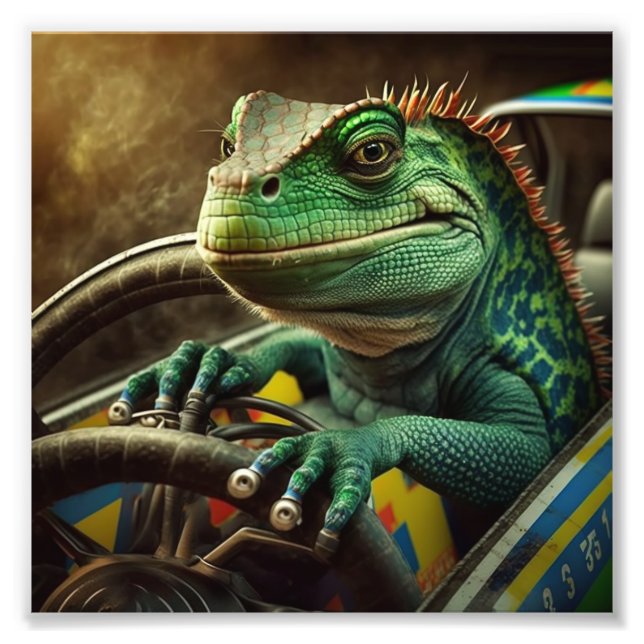 Impression Photo Iguane conduisant une voiture de course (Devant)