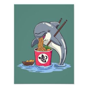 Impression Photo Illustration d'un dauphin mangeant des ramen