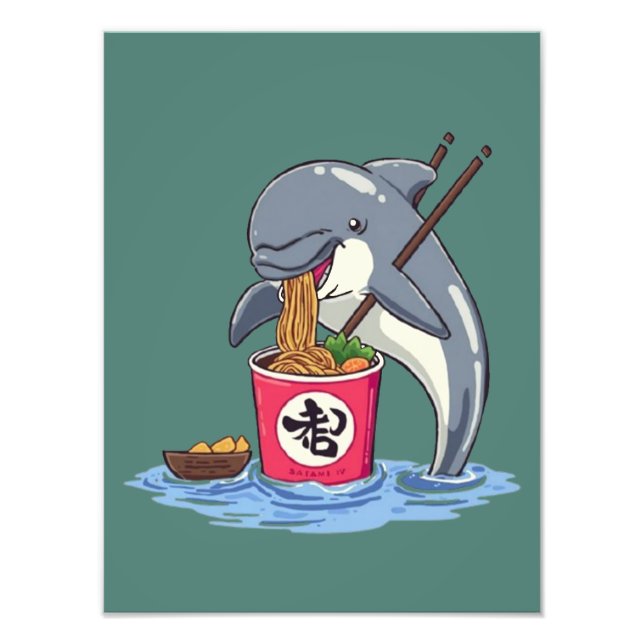 Impression Photo Illustration d'un dauphin mangeant des ramen (Devant)