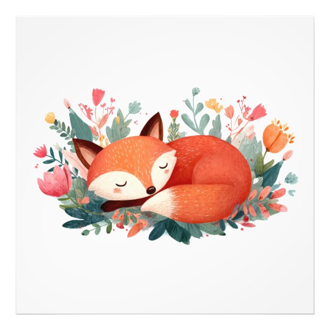Impression Photo Illustration Florale Renard Endormi Mignon (Devant)