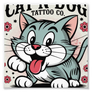 Impression Photo Illustration vintage de chat de style tatouage