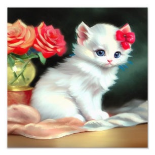 Impression Photo Illustration vintage de Kitten blanc avec fleurs r