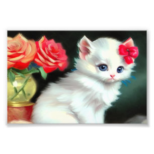 Impression Photo Illustration vintage de Kitten blanc avec fleurs r