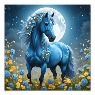 Impression Photo Imaginaire Bleu Magique Cheval Lune Fleurs,