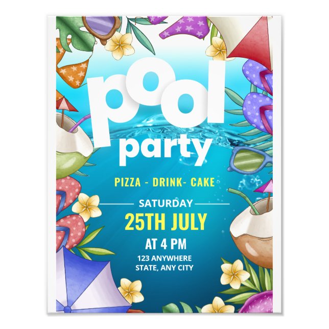 Impression Photo Invitation d'anniversaire Fête de Piscine, Fête d' (Devant)