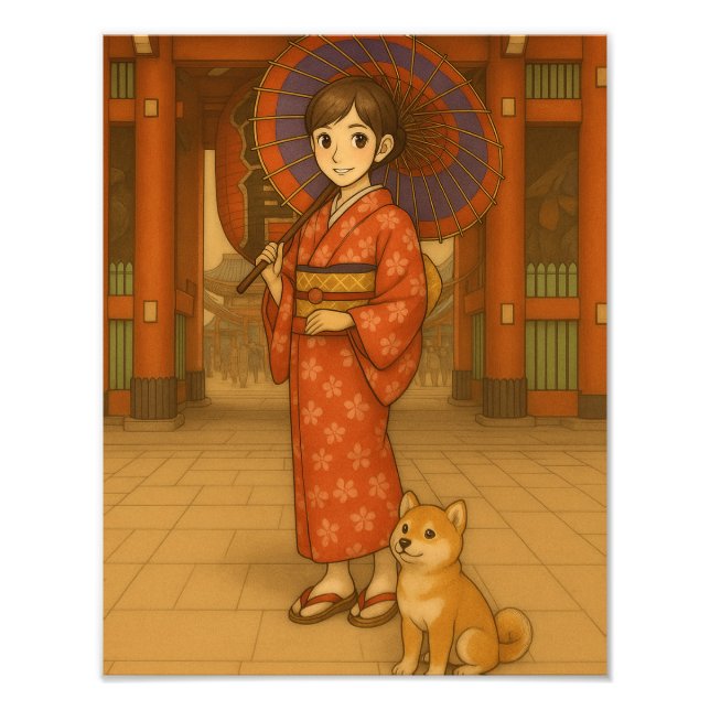 Impression Photo Japan Stroll - Kimono Girl and Shiba dog Art Print (Devant)