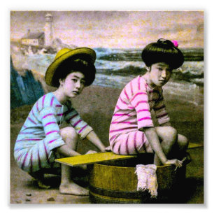 Impression Photo Japonais baignant les bébés vintages de plage de