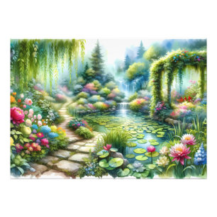 Impression Photo Jardin de cascade enchanté Étang de nénuphars